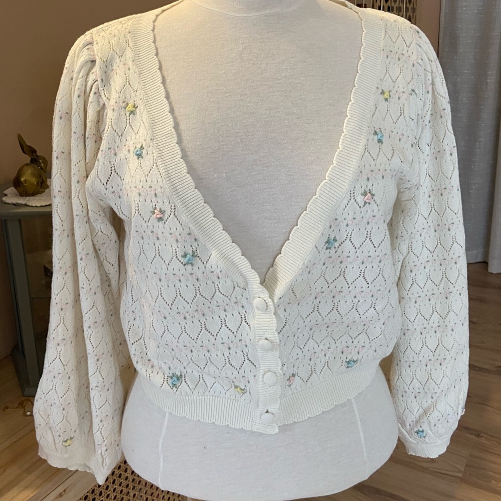 For Love And Lemons Cream Eyelet Knit Cardigan with Pastel Floral Embroidery